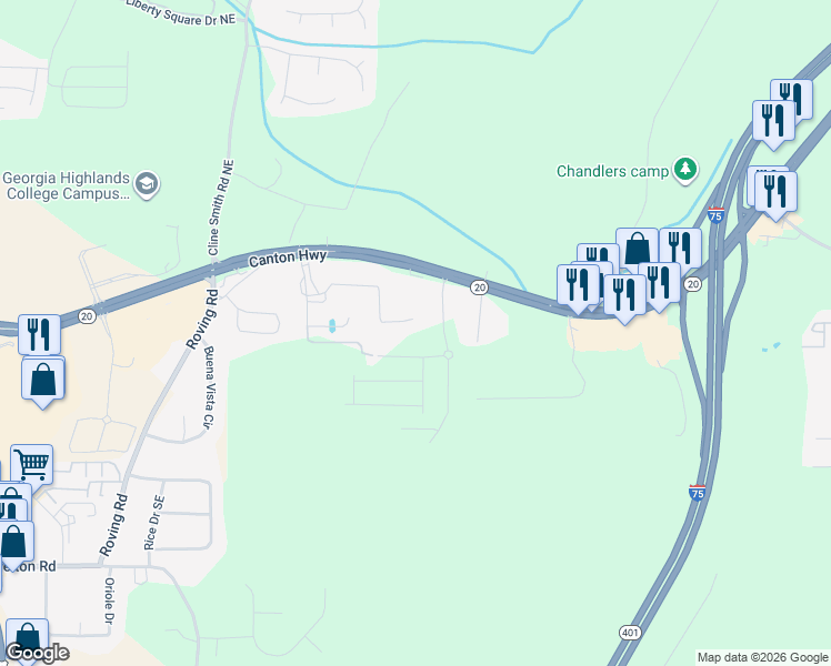 map of restaurants, bars, coffee shops, grocery stores, and more near 62 Lee Road Southeast in Cartersville