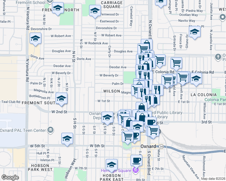 map of restaurants, bars, coffee shops, grocery stores, and more near 505 Magnolia Avenue in Oxnard