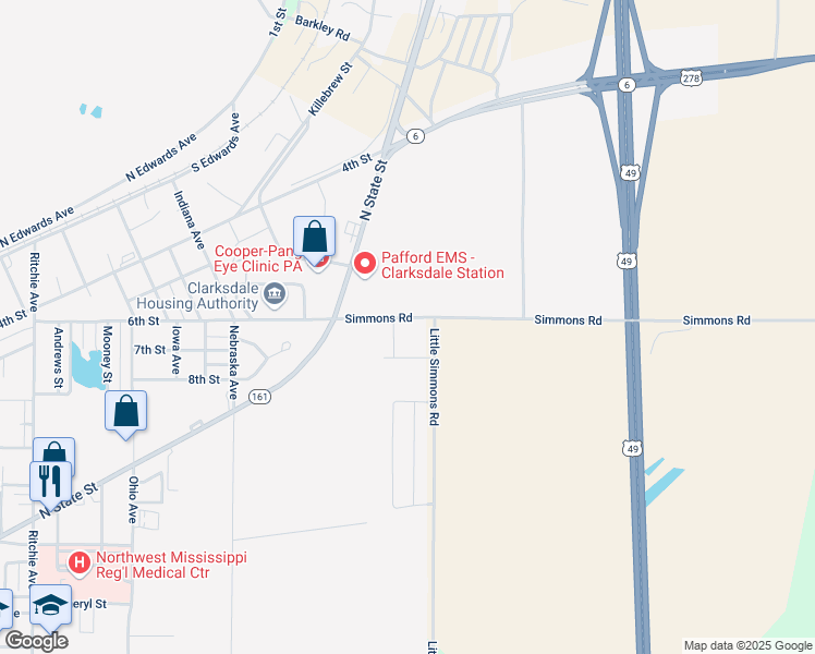 map of restaurants, bars, coffee shops, grocery stores, and more near 2566 Simmons Road in Clarksdale