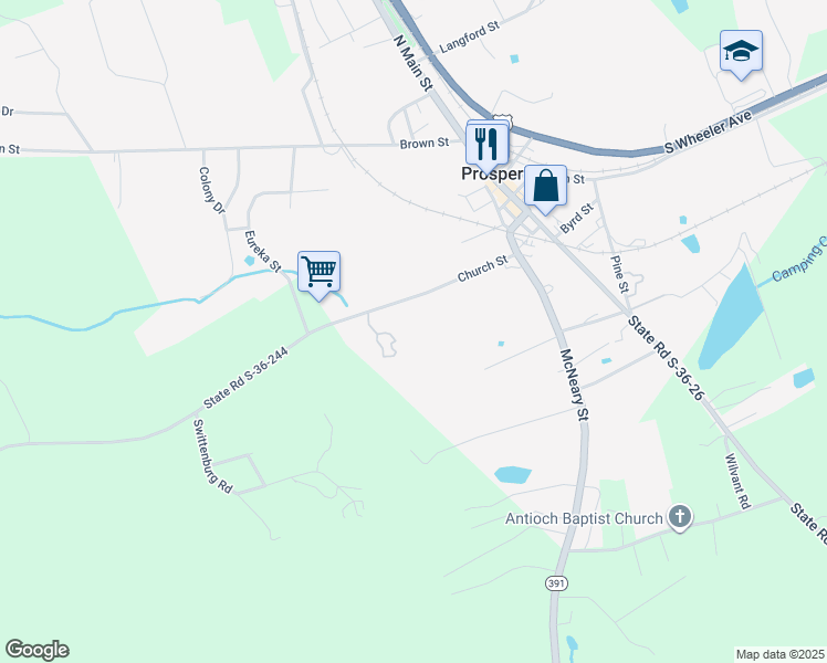 map of restaurants, bars, coffee shops, grocery stores, and more near 143 Church Street in Prosperity