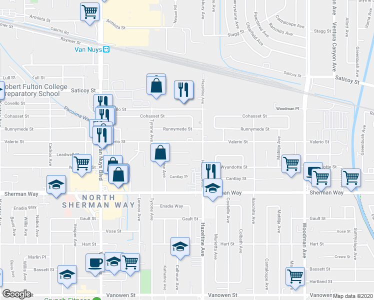 map of restaurants, bars, coffee shops, grocery stores, and more near 14137 Leadwell Street in Los Angeles