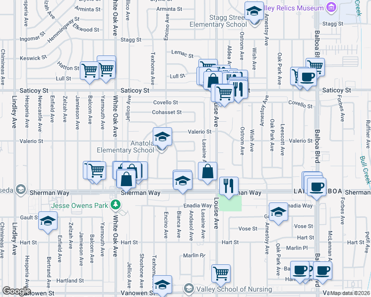 map of restaurants, bars, coffee shops, grocery stores, and more near 17419 Leadwell Street in Los Angeles