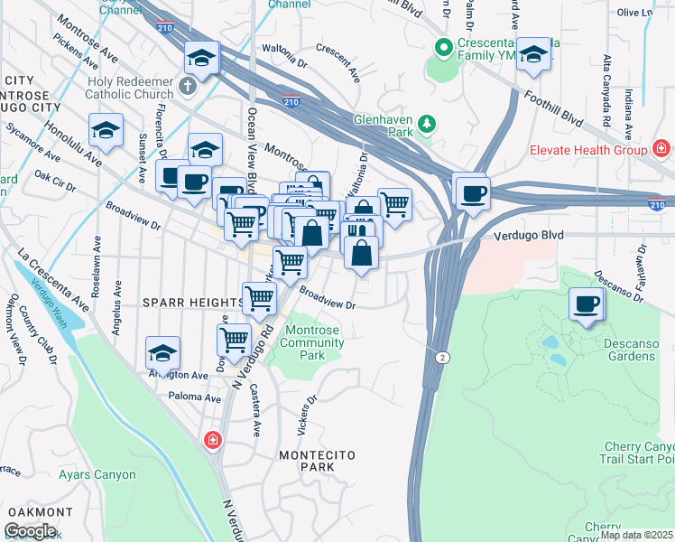 map of restaurants, bars, coffee shops, grocery stores, and more near 2114 North Verdugo Road in Glendale
