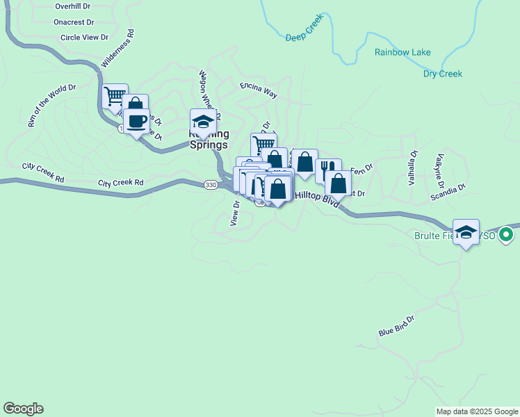 map of restaurants, bars, coffee shops, grocery stores, and more near 31961 Hilltop Boulevard in Running Springs