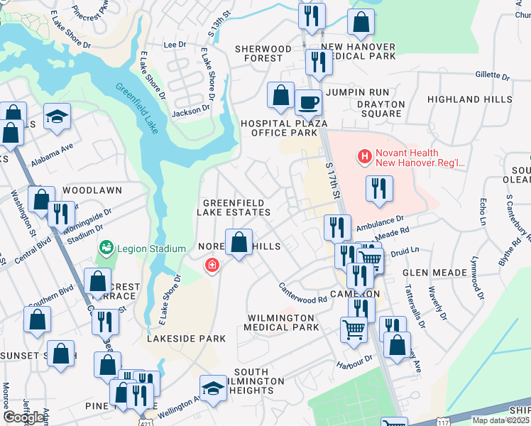 map of restaurants, bars, coffee shops, grocery stores, and more near 2203 Yaupon Drive in Wilmington
