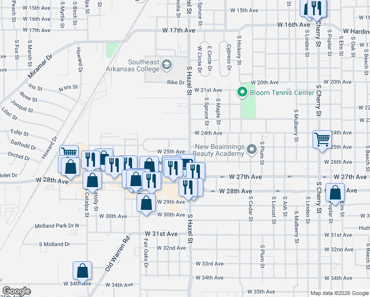 map of restaurants, bars, coffee shops, grocery stores, and more near 2303 West 25th Avenue in Pine Bluff