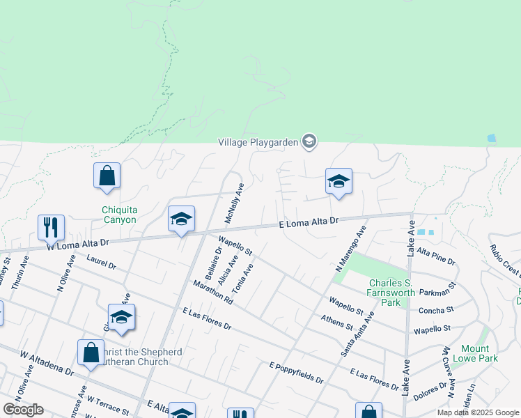 map of restaurants, bars, coffee shops, grocery stores, and more near 163 East Loma Alta Drive in Altadena