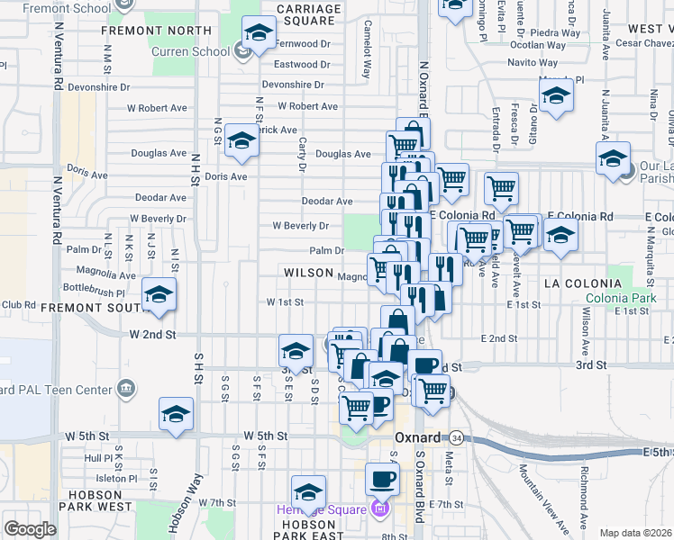 map of restaurants, bars, coffee shops, grocery stores, and more near 407 Magnolia Avenue in Oxnard