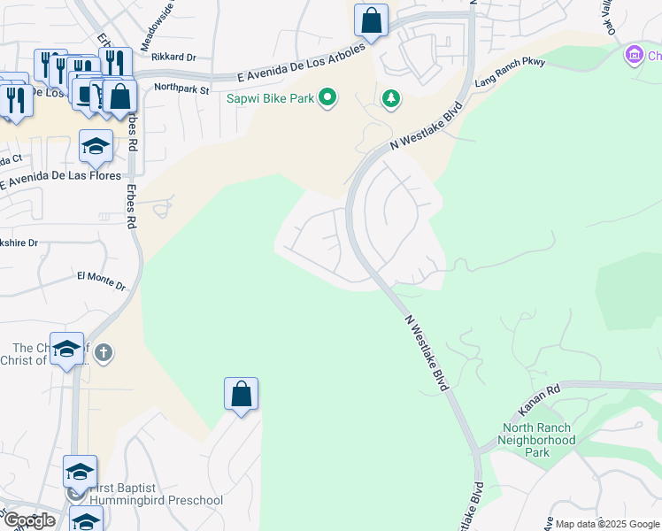 map of restaurants, bars, coffee shops, grocery stores, and more near 2589 Featherwood Street in Westlake Village