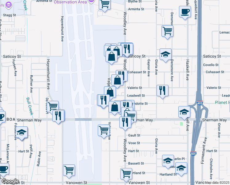 map of restaurants, bars, coffee shops, grocery stores, and more near 16134 Valerio Street in Los Angeles