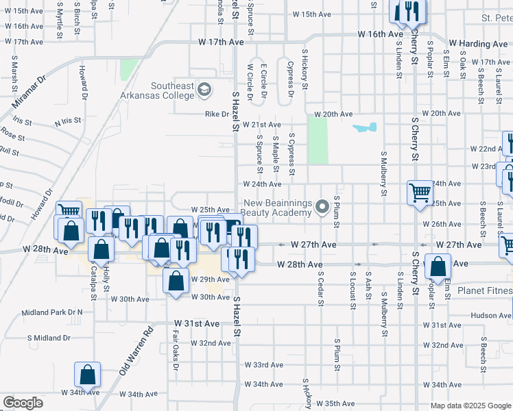 map of restaurants, bars, coffee shops, grocery stores, and more near 2100 West 25th Avenue in Pine Bluff