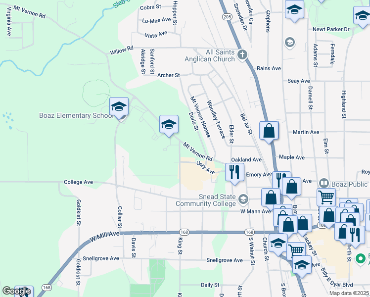 map of restaurants, bars, coffee shops, grocery stores, and more near 410 Mount Vernon Road in Boaz