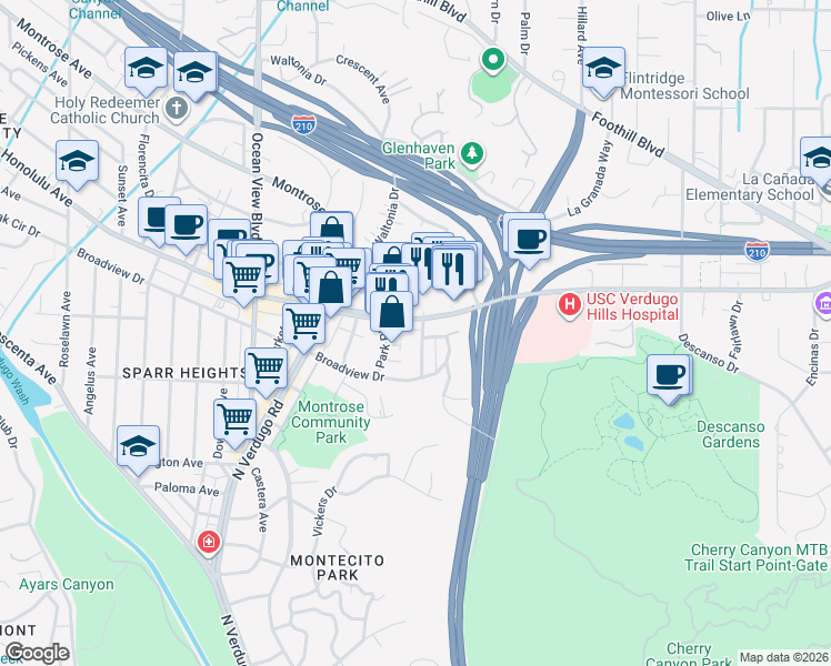 map of restaurants, bars, coffee shops, grocery stores, and more near 3639 Valihi Way in Glendale