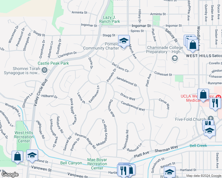 map of restaurants, bars, coffee shops, grocery stores, and more near 7365 Darnoch Way in Los Angeles