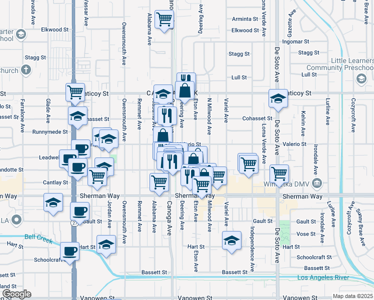 map of restaurants, bars, coffee shops, grocery stores, and more near 7357 Eton Avenue in Los Angeles