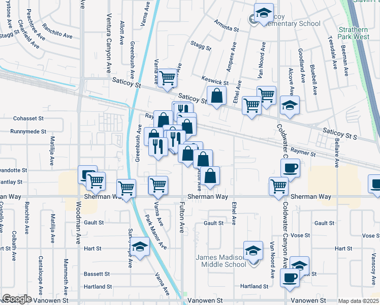 map of restaurants, bars, coffee shops, grocery stores, and more near 7342 1/2 Fulton Avenue in Los Angeles