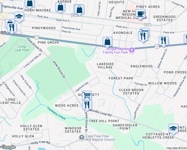 map of restaurants, bars, coffee shops, grocery stores, and more near 430 Brookforest Road in Wilmington