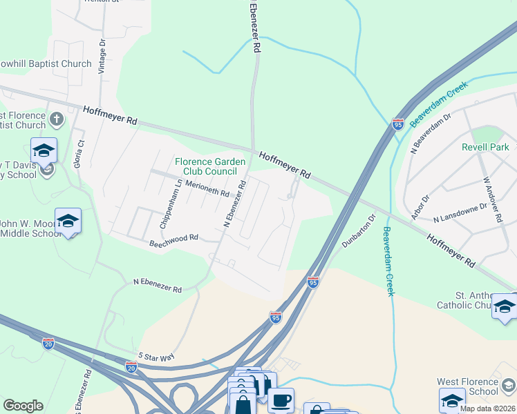 map of restaurants, bars, coffee shops, grocery stores, and more near 3104 Combray Circle in Florence