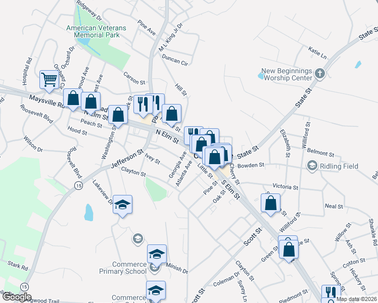 map of restaurants, bars, coffee shops, grocery stores, and more near 1834 North Broad Street in Commerce