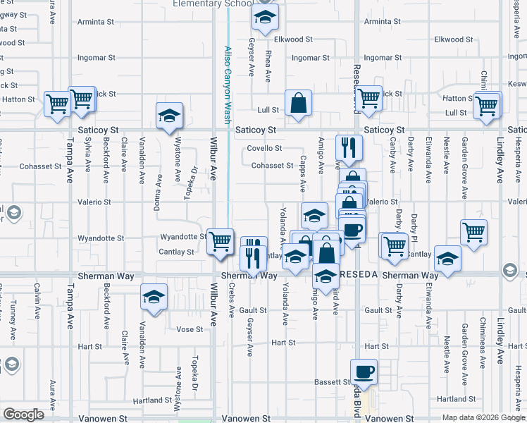 map of restaurants, bars, coffee shops, grocery stores, and more near 7347 Rhea Avenue in Reseda
