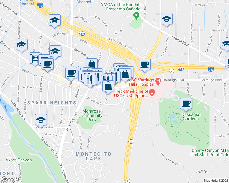 map of restaurants, bars, coffee shops, grocery stores, and more near 2060 Verdugo Boulevard in Glendale