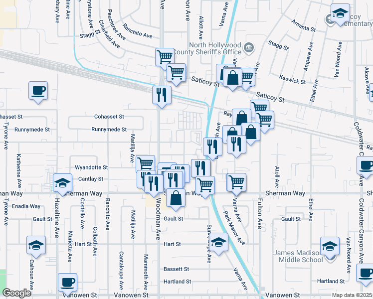 map of restaurants, bars, coffee shops, grocery stores, and more near 13610 Valerio Street in Los Angeles