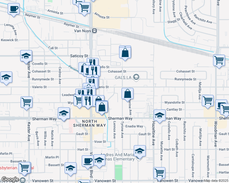 map of restaurants, bars, coffee shops, grocery stores, and more near 7365 Lennox Avenue in Los Angeles