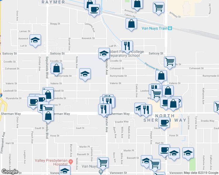 map of restaurants, bars, coffee shops, grocery stores, and more near 14828 Valerio Street in Los Angeles