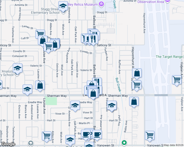 map of restaurants, bars, coffee shops, grocery stores, and more near 7355 Balboa Boulevard in Los Angeles
