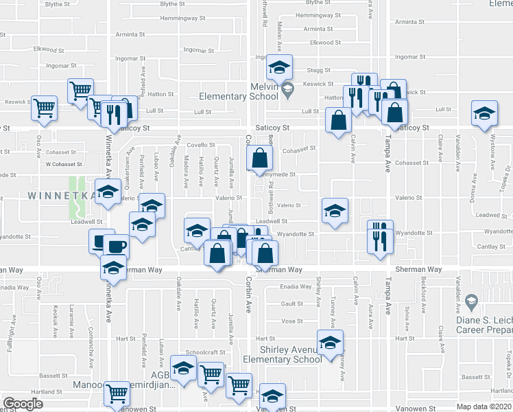 map of restaurants, bars, coffee shops, grocery stores, and more near 7356 Corbin Avenue in Los Angeles