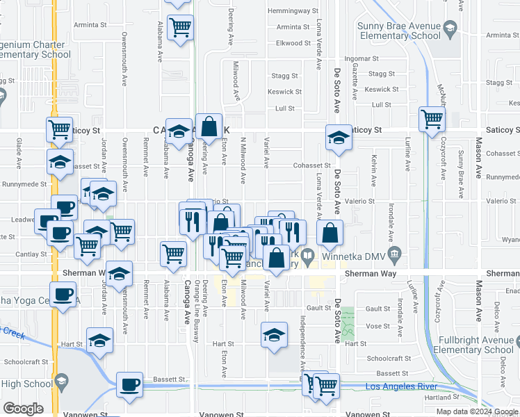 map of restaurants, bars, coffee shops, grocery stores, and more near 7 Valerio Street in Los Angeles