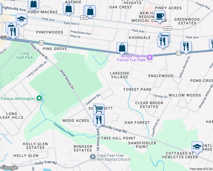 map of restaurants, bars, coffee shops, grocery stores, and more near 430 Brookforest Road in Wilmington