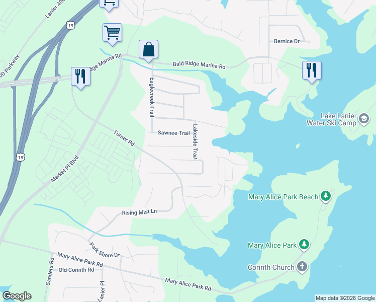 map of restaurants, bars, coffee shops, grocery stores, and more near 2405 Hawk Creek Trail in Cumming