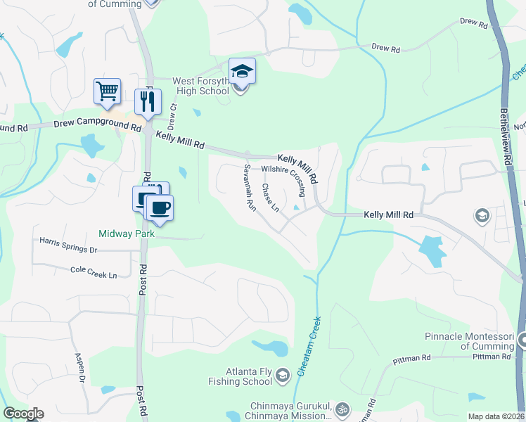map of restaurants, bars, coffee shops, grocery stores, and more near 5050 Savannah Run in Cumming