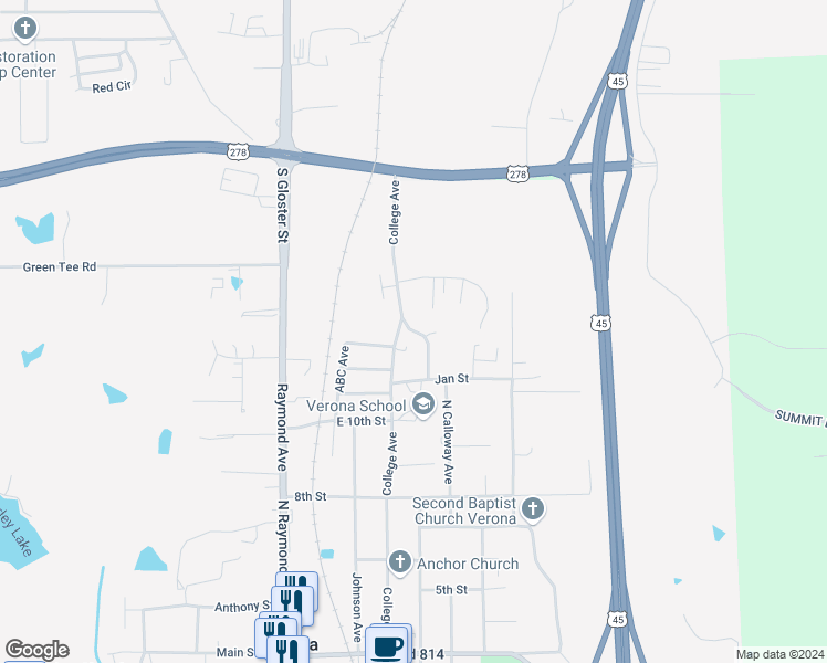 map of restaurants, bars, coffee shops, grocery stores, and more near 237-399 Stanley Avenue in Tupelo