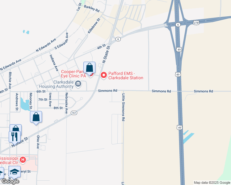 map of restaurants, bars, coffee shops, grocery stores, and more near 2566 Simmons Road in Clarksdale
