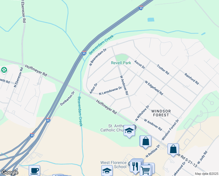 map of restaurants, bars, coffee shops, grocery stores, and more near 605 North Lansdowne Drive in Florence