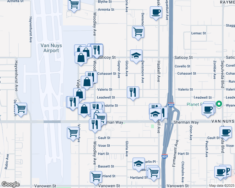 map of restaurants, bars, coffee shops, grocery stores, and more near 15933 Leadwell Street in Los Angeles