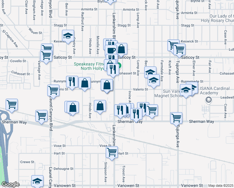 map of restaurants, bars, coffee shops, grocery stores, and more near 7350 Lankershim Boulevard in Los Angeles