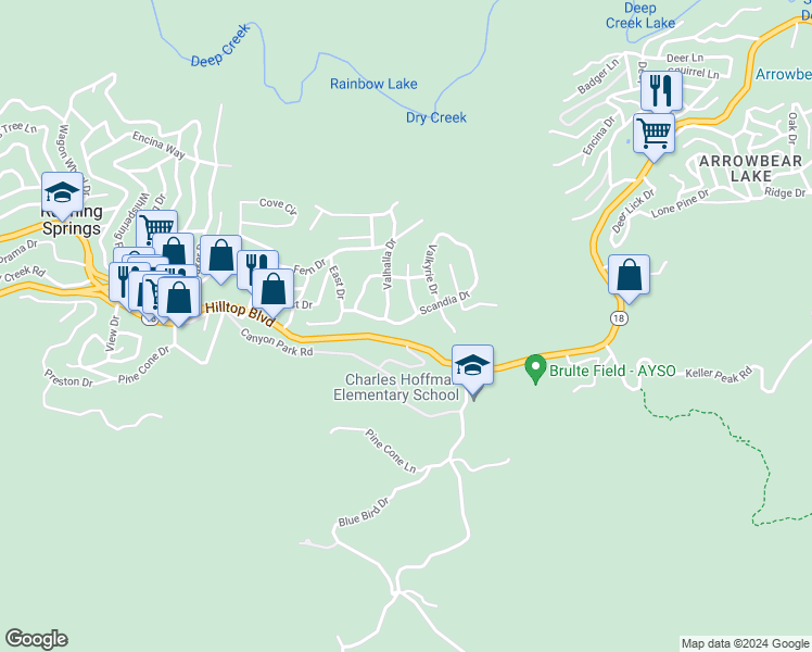 map of restaurants, bars, coffee shops, grocery stores, and more near 32415 Scandia Drive in Running Springs