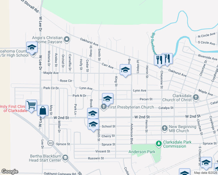 map of restaurants, bars, coffee shops, grocery stores, and more near 1406 Shady Lane in Clarksdale