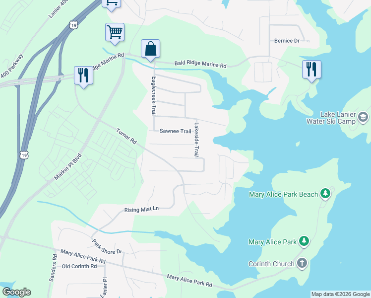map of restaurants, bars, coffee shops, grocery stores, and more near 2455 Hawk Creek Trail in Cumming