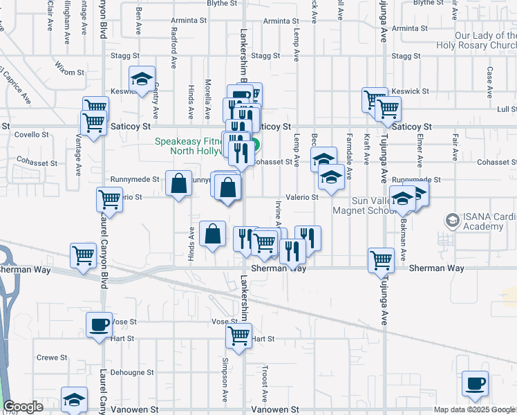 map of restaurants, bars, coffee shops, grocery stores, and more near 7350 Lankershim Boulevard in Los Angeles