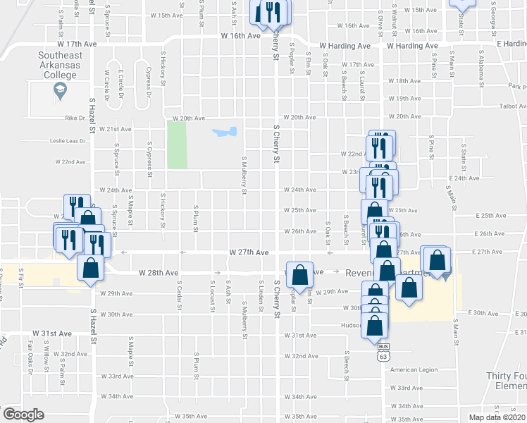 map of restaurants, bars, coffee shops, grocery stores, and more near 2507 South Linden Street in Pine Bluff