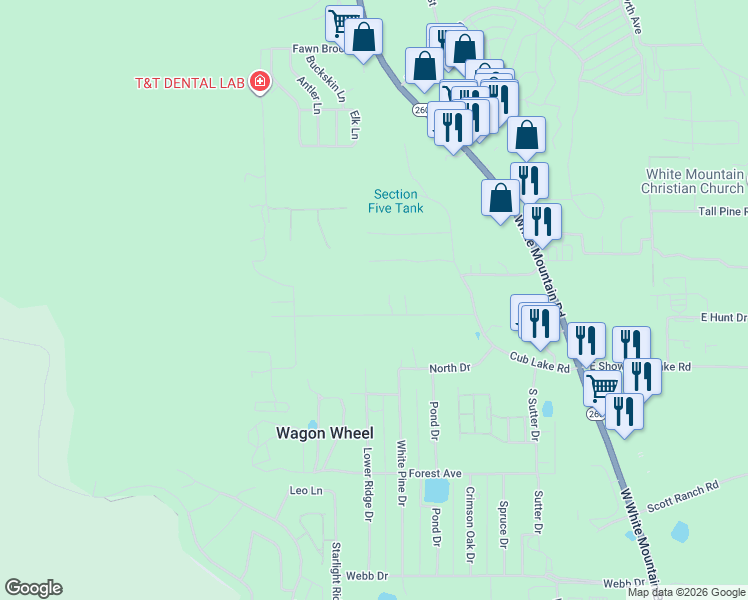 map of restaurants, bars, coffee shops, grocery stores, and more near 1292 Flores Drive in Show Low