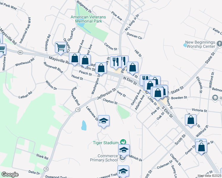 map of restaurants, bars, coffee shops, grocery stores, and more near 9075 Jefferson Street in Commerce