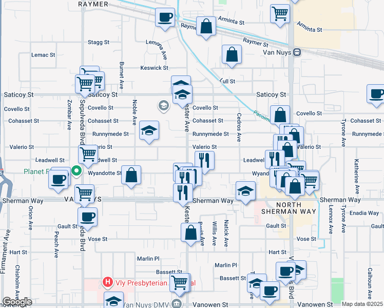 map of restaurants, bars, coffee shops, grocery stores, and more near 7350 Kester Avenue in Los Angeles