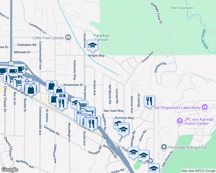 map of restaurants, bars, coffee shops, grocery stores, and more near 4923 Del Monte Road in La Cañada Flintridge