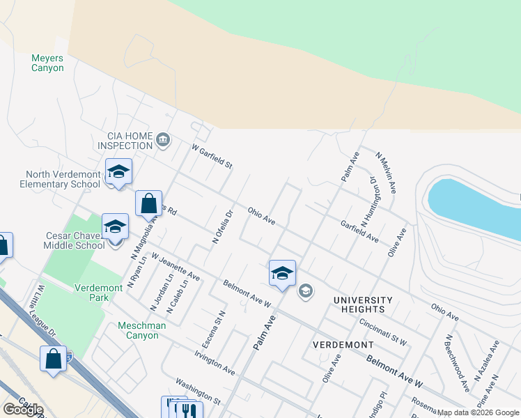 map of restaurants, bars, coffee shops, grocery stores, and more near 3044 Ohio Avenue in San Bernardino