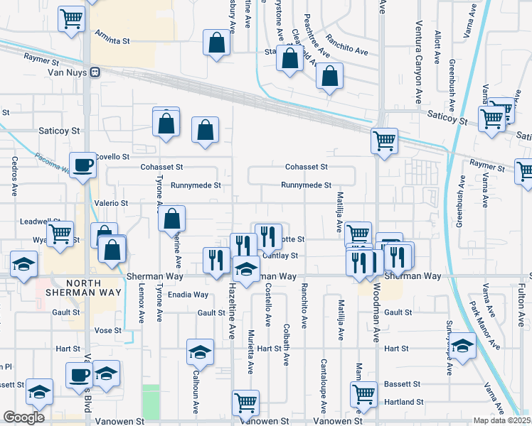 map of restaurants, bars, coffee shops, grocery stores, and more near 14000 Valerio Street in Los Angeles